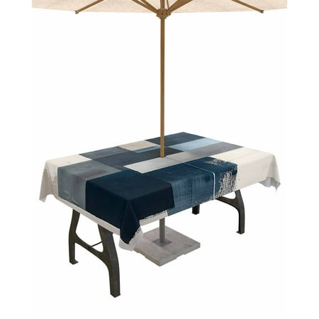 

Outdoor Tablecloth with Umbrella Hole & Zipper Blue Gray Beige Rectangle Tablecloth 60x84 Inch Retro Abstract Geometric Oil Painting Patio Table Cover Waterproof Table Cloth for Picnic/Party