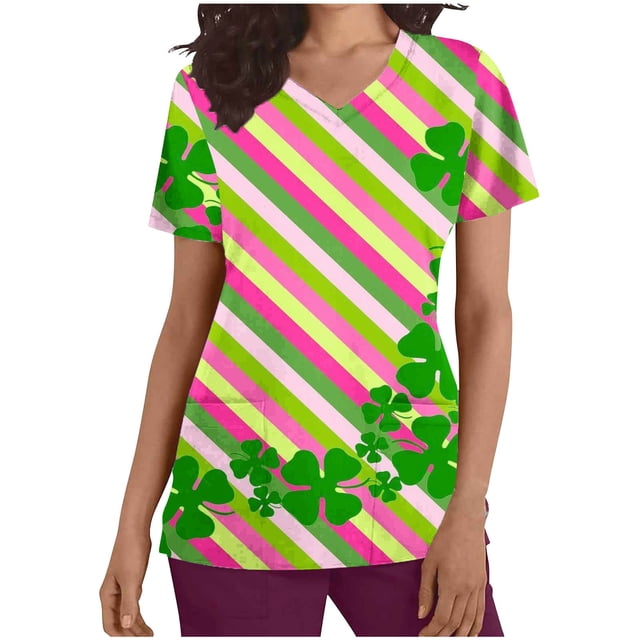 Blouses Funicet pour Femmes,Shorts pour Femmes,Uniforme de Travail à Manches Courtes pour Femmes à Col en V Imprimé avec Poche Blouse,Blouses pour Femmes Mode,Blouses à Manches Courtes pour Femmes