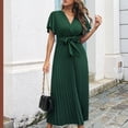 thumbnail image 5 of Womens Summer Ruffle Sleeves Long Dresses Casual V Neck Short Sleeve Smocked Maxi Dress Loose Swing Hem Pleated Dress, 5 of 9