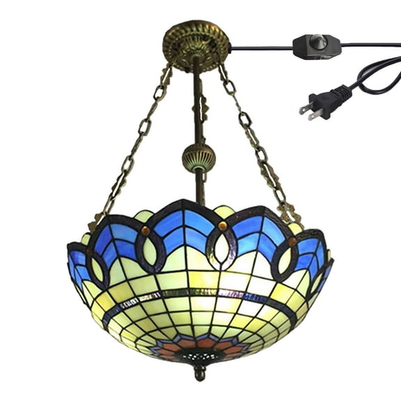 Kiven 11.8in Flush Mount Ceiling Light Fixture Dimmable, 3-Light Anti Glare Close to Ceiling Light with 15FT Plug-in Cord, Tiffany-Style Glass Chandelier for Bedroom Kitchen Hallway(No.3227)
