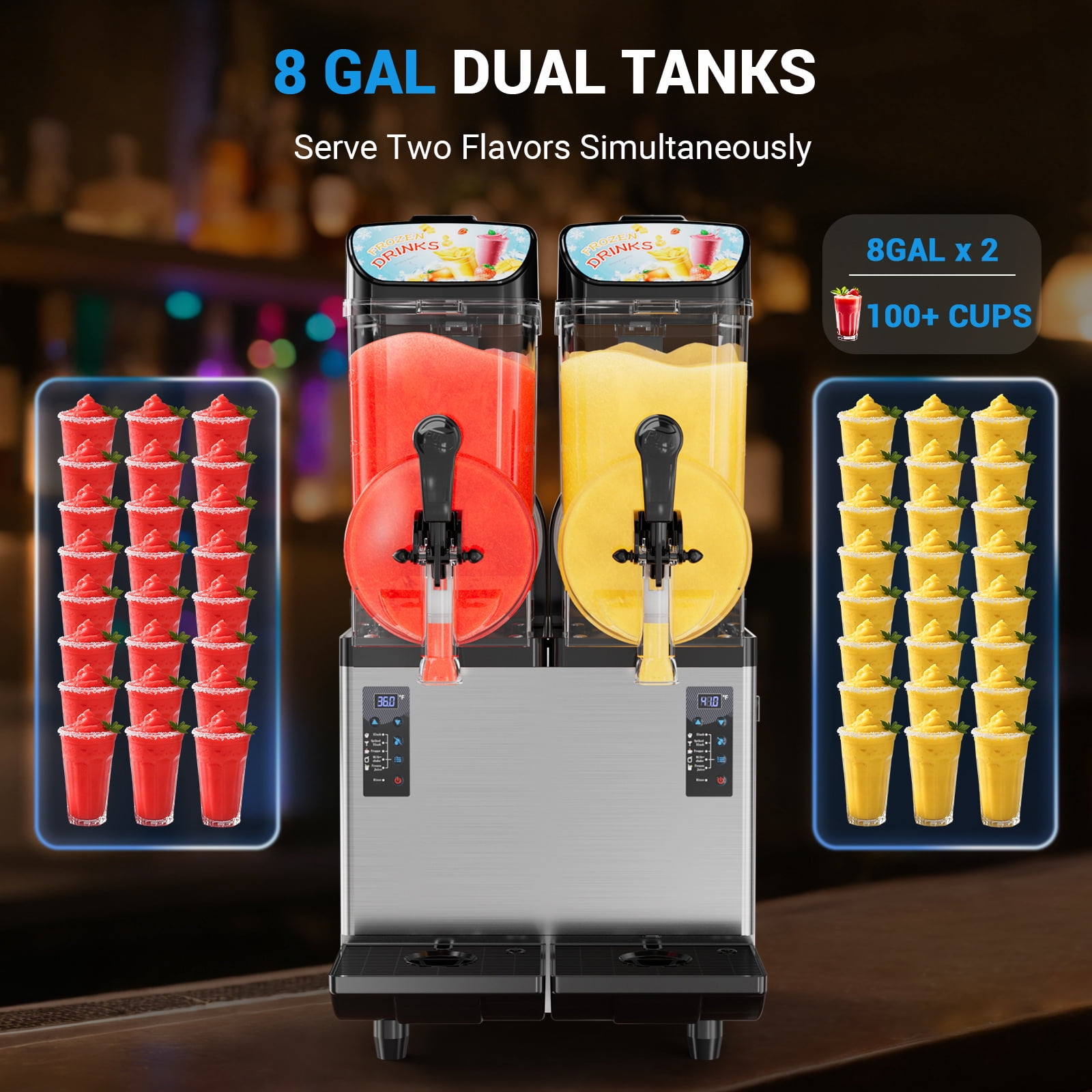 Joreek 6.4Gal/24L Commercial Slushy Machine Independently Control 2 Tank 5-45 Minutes to Make Margarita & Slushie & Cold Drink,Built-in LED Light Frozen Drink Maker Self-cleaning
