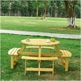thumbnail image 2 of Round Picnic Table with 4 Built-in Benches for 8 People, Outdoor Patio Furniture Set with Umbrella Hole, Natural Wood Finish, 2 of 10