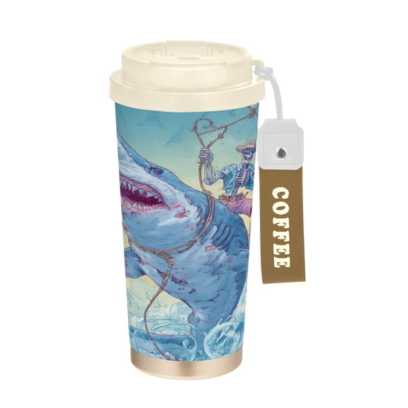 Wobogo Skull Shark Double Drinking Coffee Cup Insulated Mug with Food-grade 316 Stainless Steel Beige Lid