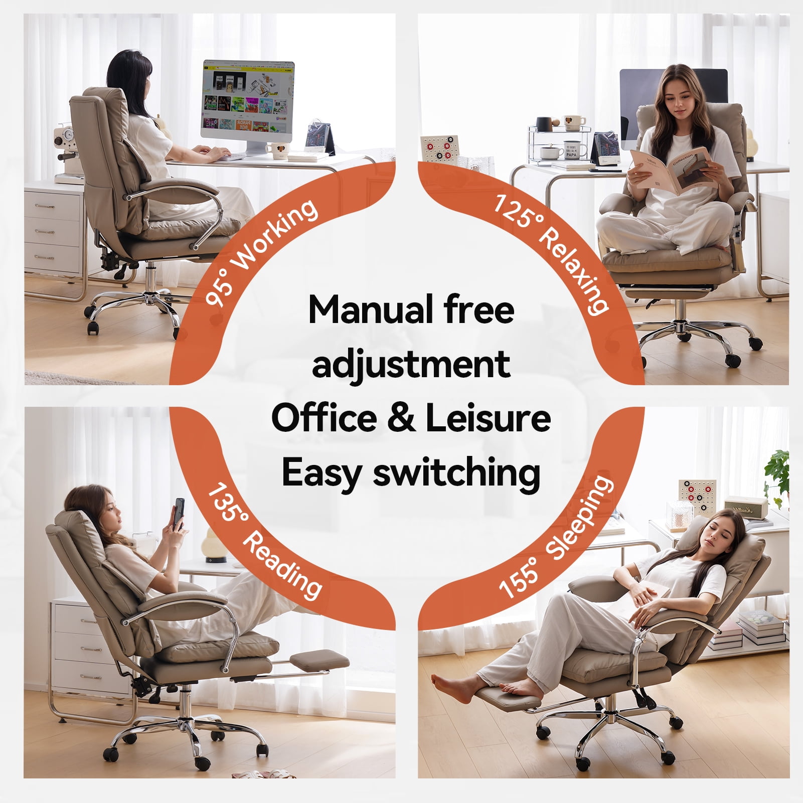 LEAGOO Office Chair with Foot Rest, Reclining Ergonomic Executive Office Chair with Armrests, High Back PU Leather Comfy Swivel Computer Chair with Wheels 300lbs, Tan