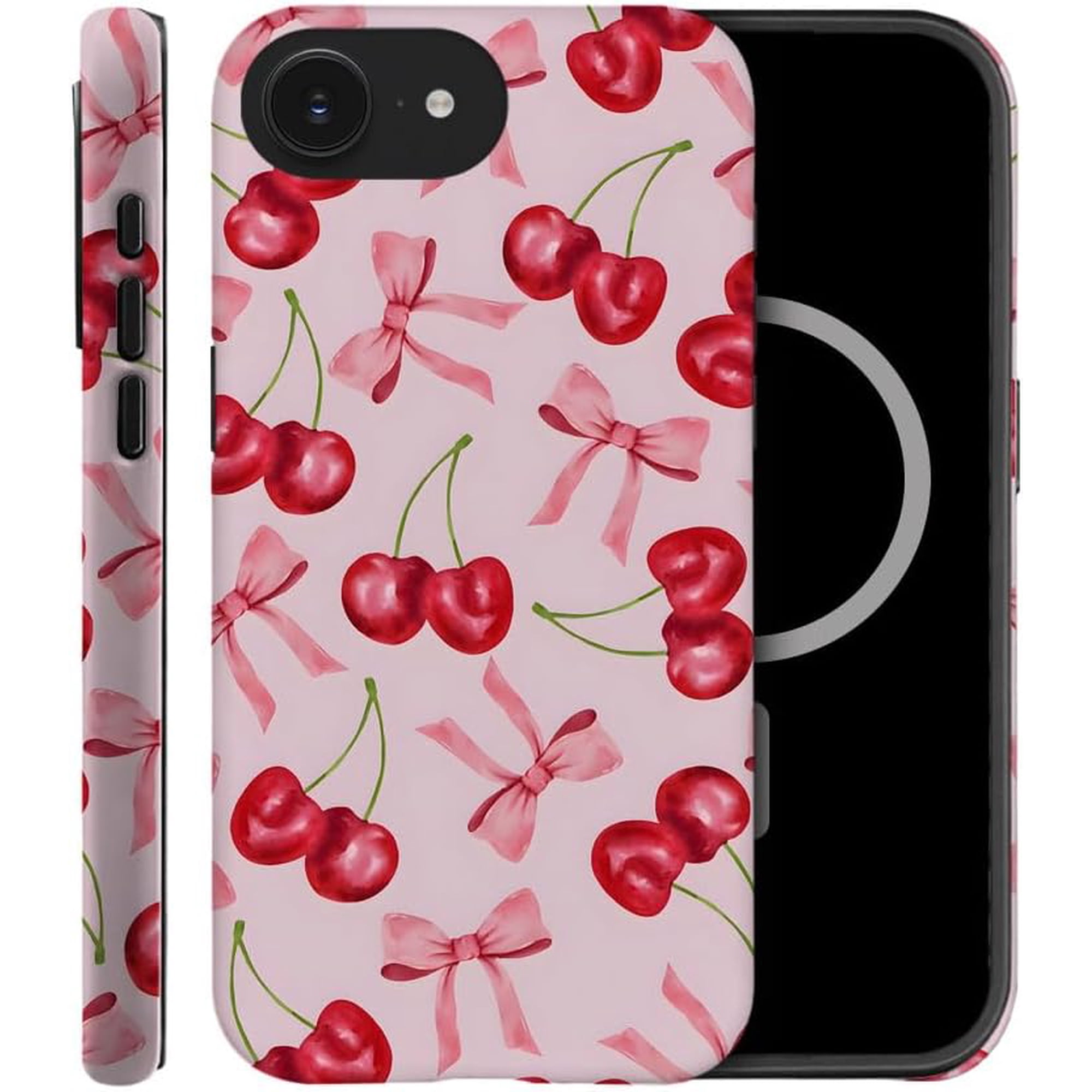 Case Compatible with iPhone 16e, Compatible with MagSafe, Fall Prevention Hybrid 2-Layer Hard Shell Cases for Girls Boys, Pink Bow Cherry Ribbon Fruit