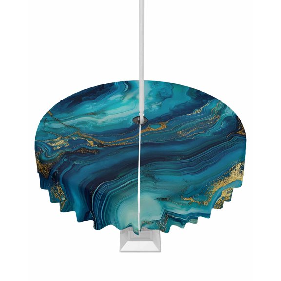 Boanket Outdoor Tablecloth with Umbrella Hole for Patio/Picnic/Party/Camping, Teal Blue Marble Waterproof Table Cloth Round Cover Washable, Ink Painting Modern Abstract Yellow Dia 54"
