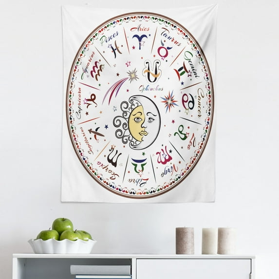 Astrology Tapestry, Division of Colorful Astrology Map with Most Familiar Planets Sun and Moon, Fabric Wall Hanging Decor for Bedroom Living Room Dorm, 5 Sizes, Multicolor, by Ambesonne