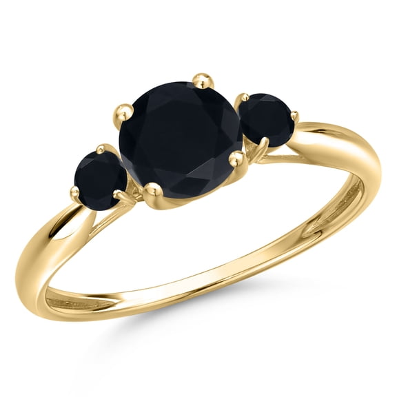 Gem Stone King 10K Yellow Gold Black Onyx 3-Stone Ring for Women | 1.00 Cttw | Round 6MM | Gemstone December Birthstone | Size 8