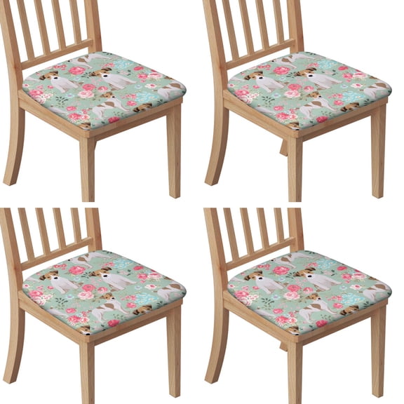 Jack Russell Terrier Dog and Flower Seat Covers for Dining Room Chairs Set Of 4,Stretch Printed Washable Chair Seat Cover with Elastic Ties and Button,Removable Waterproof Couch Cushion Covers