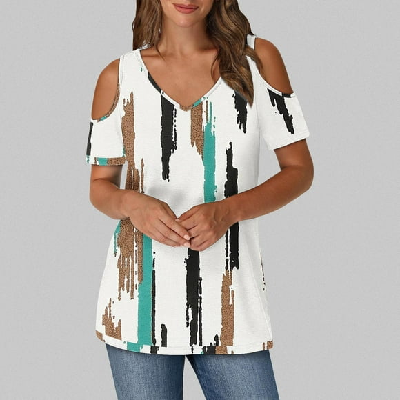 Fatuov Women's V-Neck Shirts Clearance Under $10 Cold Shoulder Short Sleeve Graphic T-shirts Summer Floral Print Trendy Pullover Tops Green