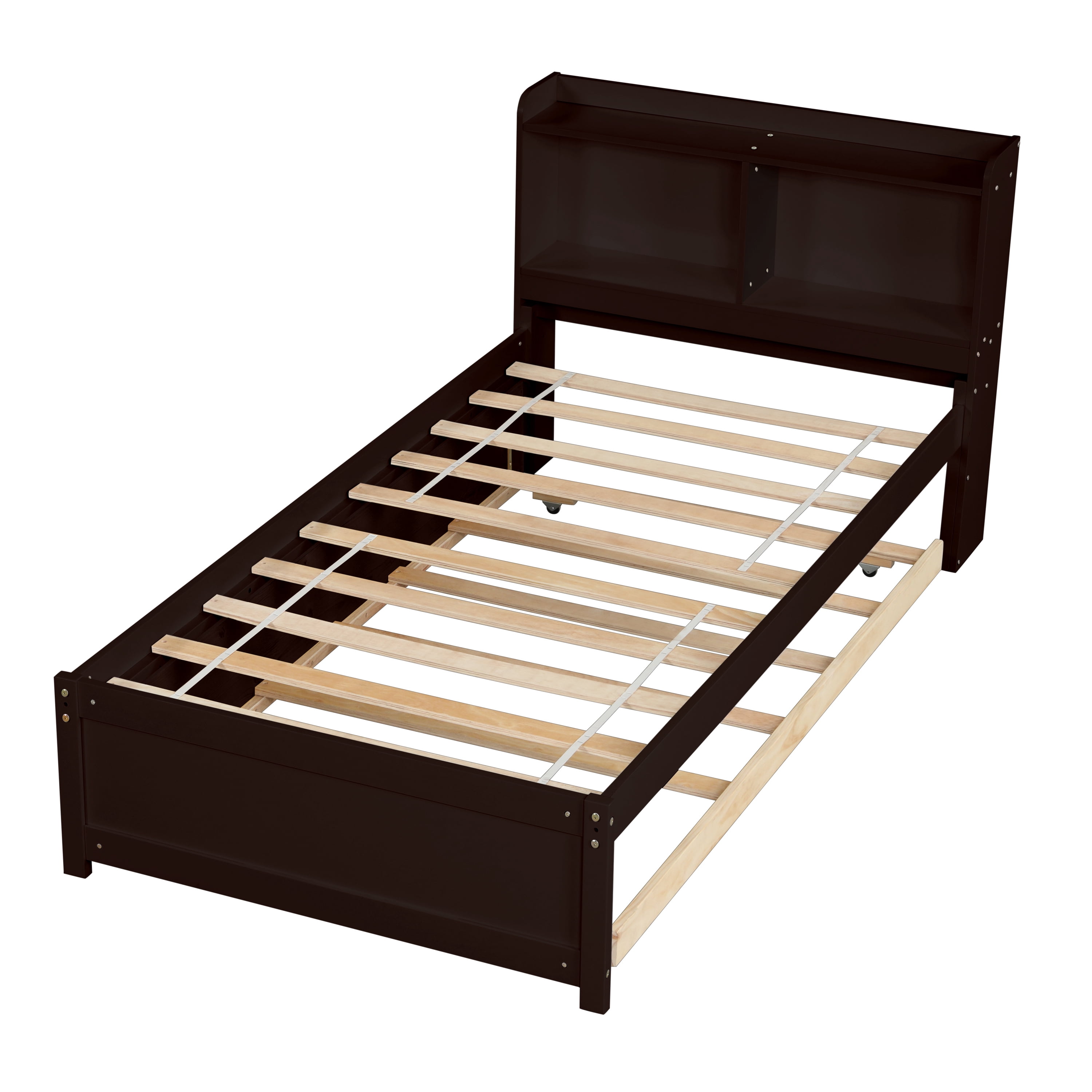 Hommoo Kids Pine Wood Twin Size Platform Bed Frame with Trundle and Bookcase,Black