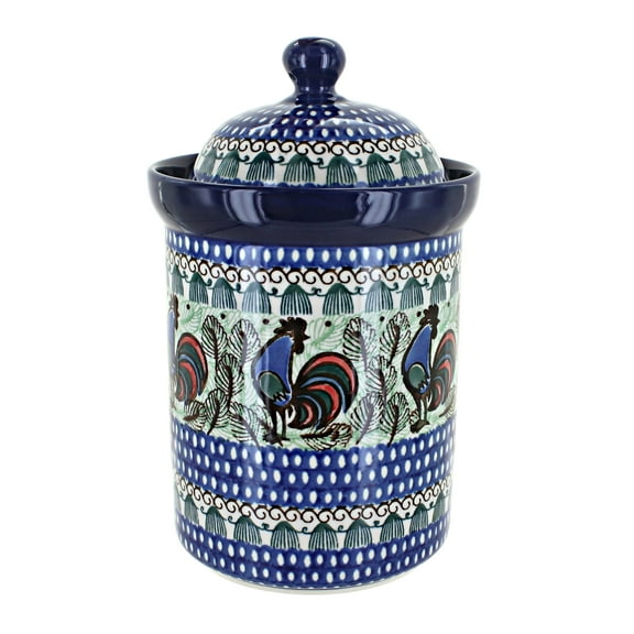 Blue Rose Polish Pottery Rooster Row Large Canister