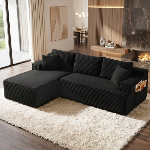 Aukfa 96" L-Shaped Cloud Sectional Sofa, Modular Boneless Couch with Deep Seat&Left-Facing Chaise for Living Room, Corduroy, Black