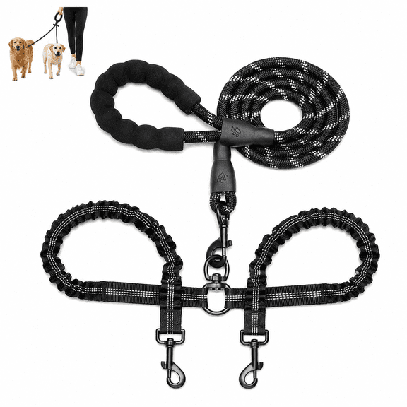 Pawchum Universal Dual Dog Leash, Tangle-Free Swivel & Shock Absorbing Bungee, Reflective Nylon Walking Leash for One Size