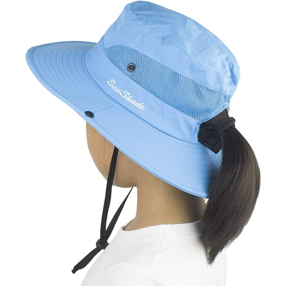 Kids Sun Protection Bucket Hat, Adjustable Wide Brim UPF 50 Protection Hat, Quick-Drying Beach Cap for Fishing Blue