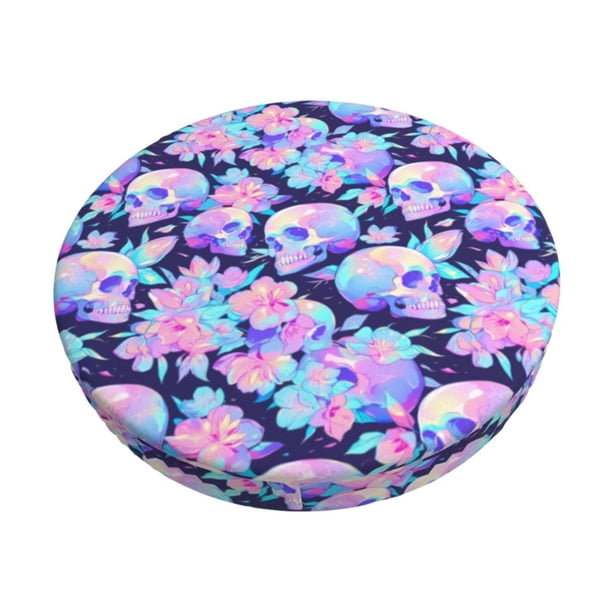 Disketp pinkk flower crystal Skull Funda Redonda para Taburete, Funda de Cojín para Silla de Bar Suave y Elástica-13 inch