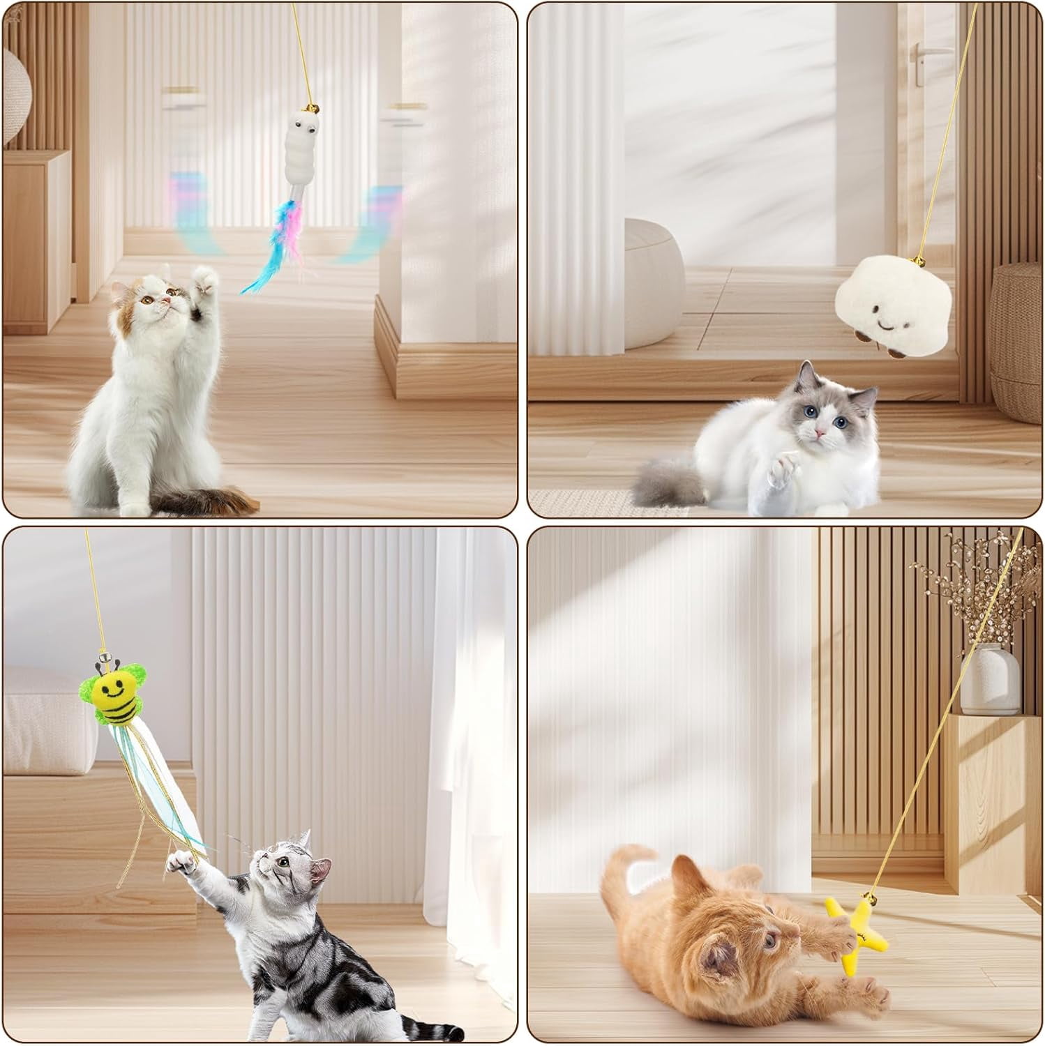 JIARON 6 PCS Interactive Cat Feather Toys, Indoor Hanging Retractable Cat Toy, Self Play Toys Make Fun Excecise