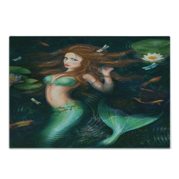 Underwater Cutting Board, Fantasy Mermaid in Lake with Lilies Blossom Plants Leaves, Decorative Tempered Glass Cutting and Serving Board, Small Size, Green Brown Jade Green, by Ambesonne