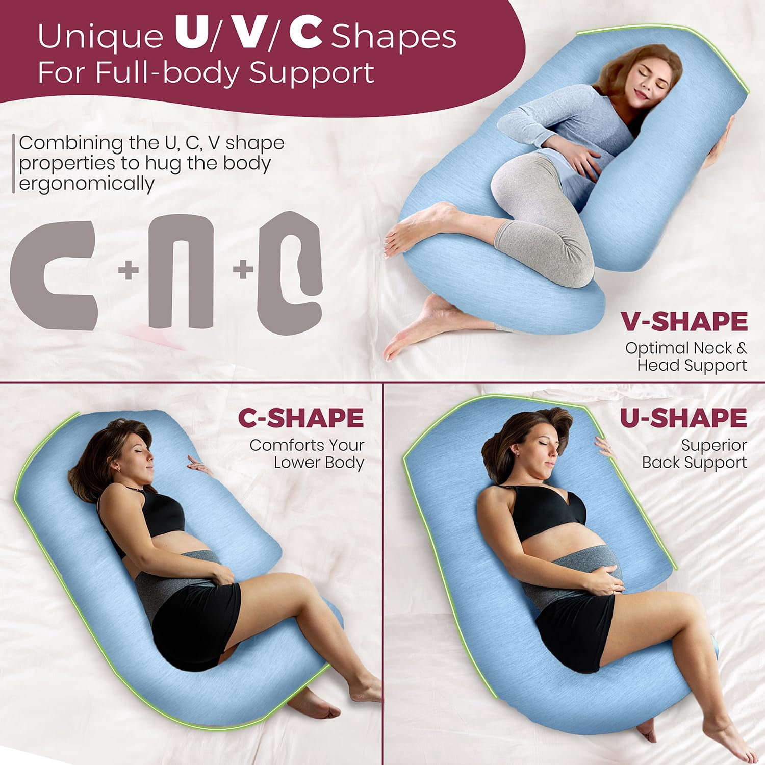 PILLANI Pregnancy Pillows for Sleeping - V C U Shaped Full Body Pillow with Removable Cover, 57inch Cooling Maternity Pillow for Pregnant Women, Support for Back Belly Legs Hip - Pregnancy Must Haves