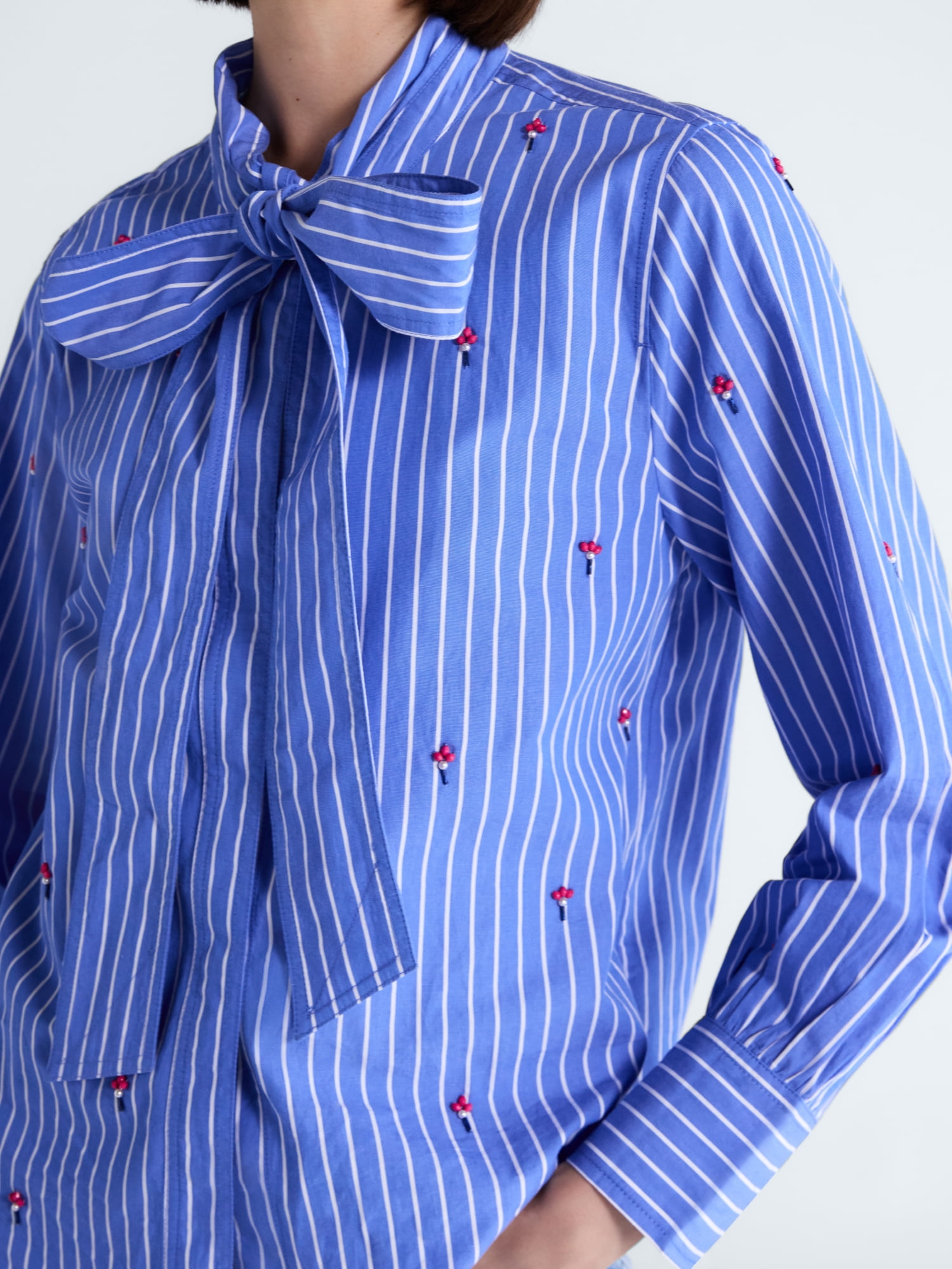 Free Assembly Women's and Women's Plus Beaded Tie Neck Cotton Shirt with Long Sleeves, Sizes XS-4X