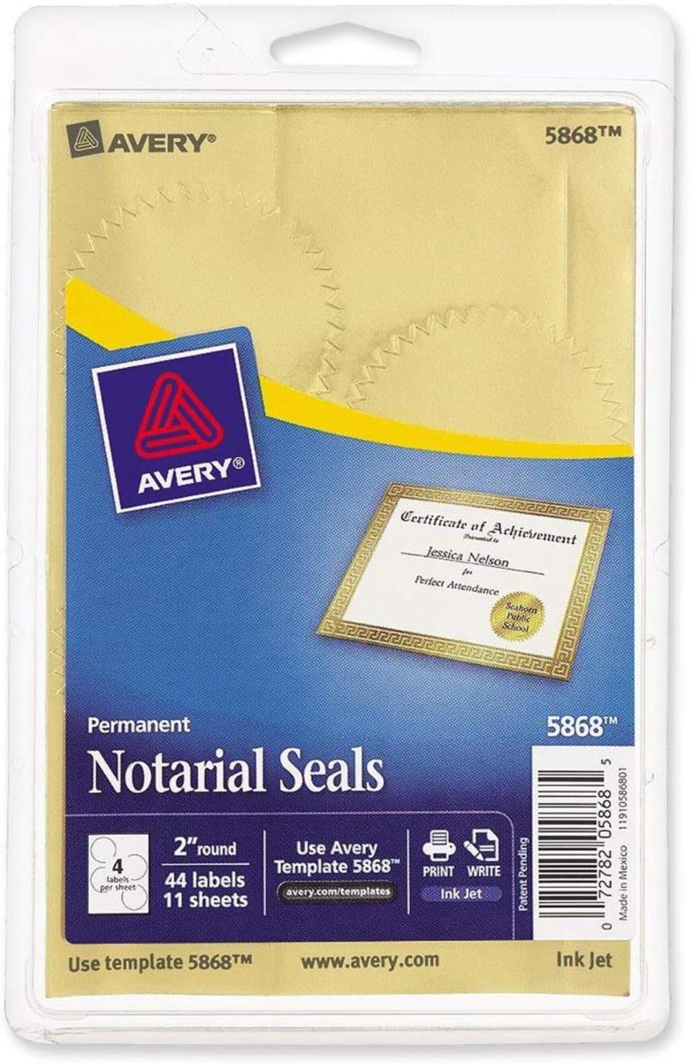 Avery Inkjet Print or Write Notarial Seals 2 in Diameter Gold 44 Pack 