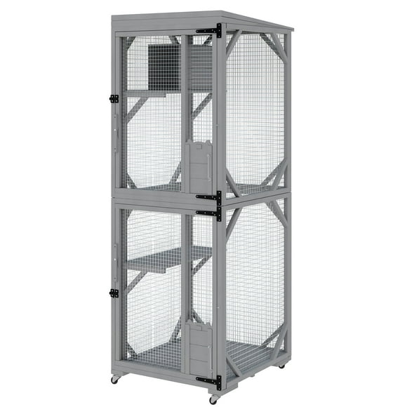 Outdoor Cat House – Extra Large Walk-In Catio with 4 Wheels (Grey, Multi-Level for Multiple Cats)