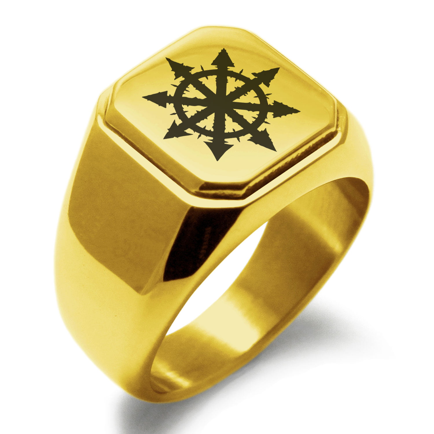 Stainless Steel Chaos Symbol Square Flat Top Biker Style Polished Ring 