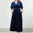 thumbnail image 2 of Ashirexll Formal Dresses for Women Plus Size Short Sleeve V-Neck Waist Cinched Solid Color Velvet Long Dress Wedding Guest Dresses for Women Blue 4XL, 2 of 4
