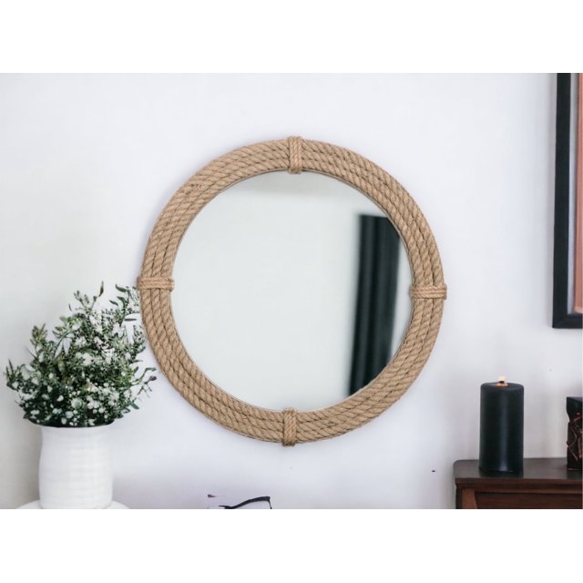 Home Dress Round Jute Wall Mirror Decorative Wall Mounted Nautical Themed Rope Mirror (30 inch)