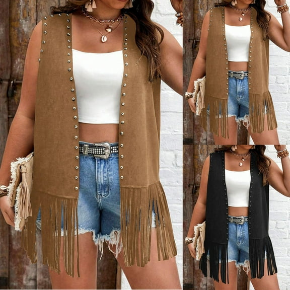 Miluxas Women Western Tassel Vest Open Front Artificial Suede Rivet Cardigan Sleeveless Jacket Vintage Hippie Outwear Brown XL(XL)