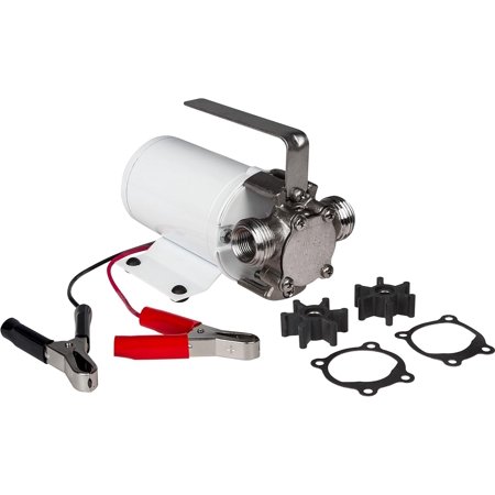 Model #365, 12 Volt DC, 300 GPH, Plated Brass Non-Submersible Utility Pump with 6-Ft Leads and Battery Clips, White, 555602