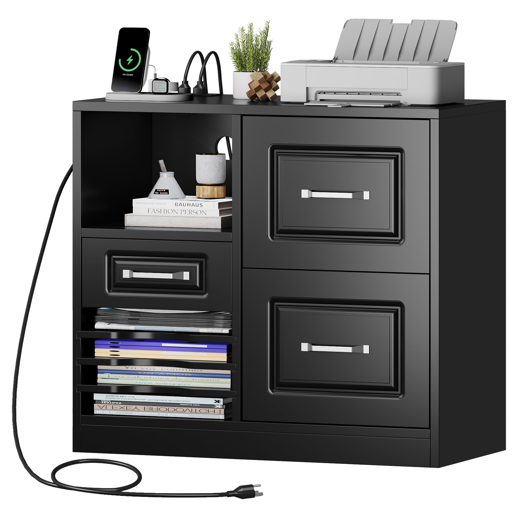 Uforic Wood File Cabinet with Charging Statio , 3 DrawerFiling Cabinet Fits for A4, Letter, Legal Size, Printer Stand with Storage Shelf for Home Office, Black