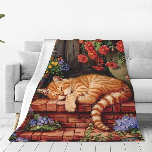 Fotbe Sleeping Cat Flowers Manta de Franela Acolchonada con Estampado, Súper Suave y Esponjosa, Extra Grande para Sofá, Cama, Uso Todo el Año-60"x50"