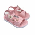 thumbnail image 4 of FINALGANG Kids Girls Open Toe Sandals With Butterfly Flower Appliques Pearl Accent Adjustable Hook And Loop Strap Soft Sole Shoes For Summer Daily Play Pink 9-9.5 Years, 4 of 5