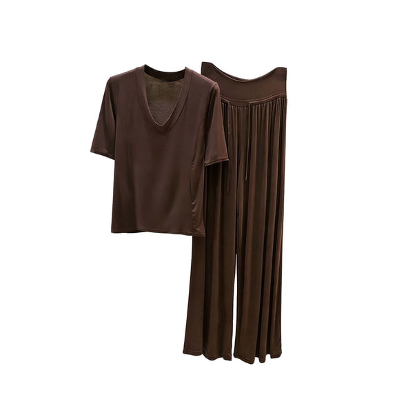 Gytharion Pajamas Sets for Women 2 Piece Summer Sleep Lounge Sets Soild Color V Neck Short Sleeve Tees with Drawstring High Waist Long Pants