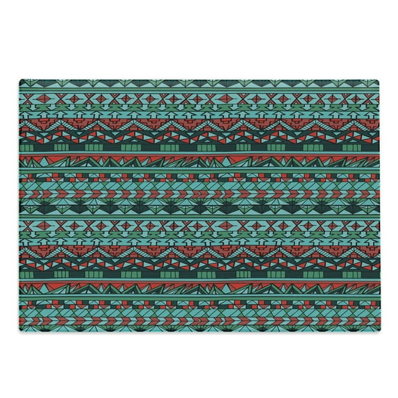 Tribal Cutting Board, Hand Drawn Design Geometric Pattern with Sharp Shapes and Stripes, Decorative Tempered Glass Cutting and Serving Board, Large Size, Red Blue Teal, by Ambesonne