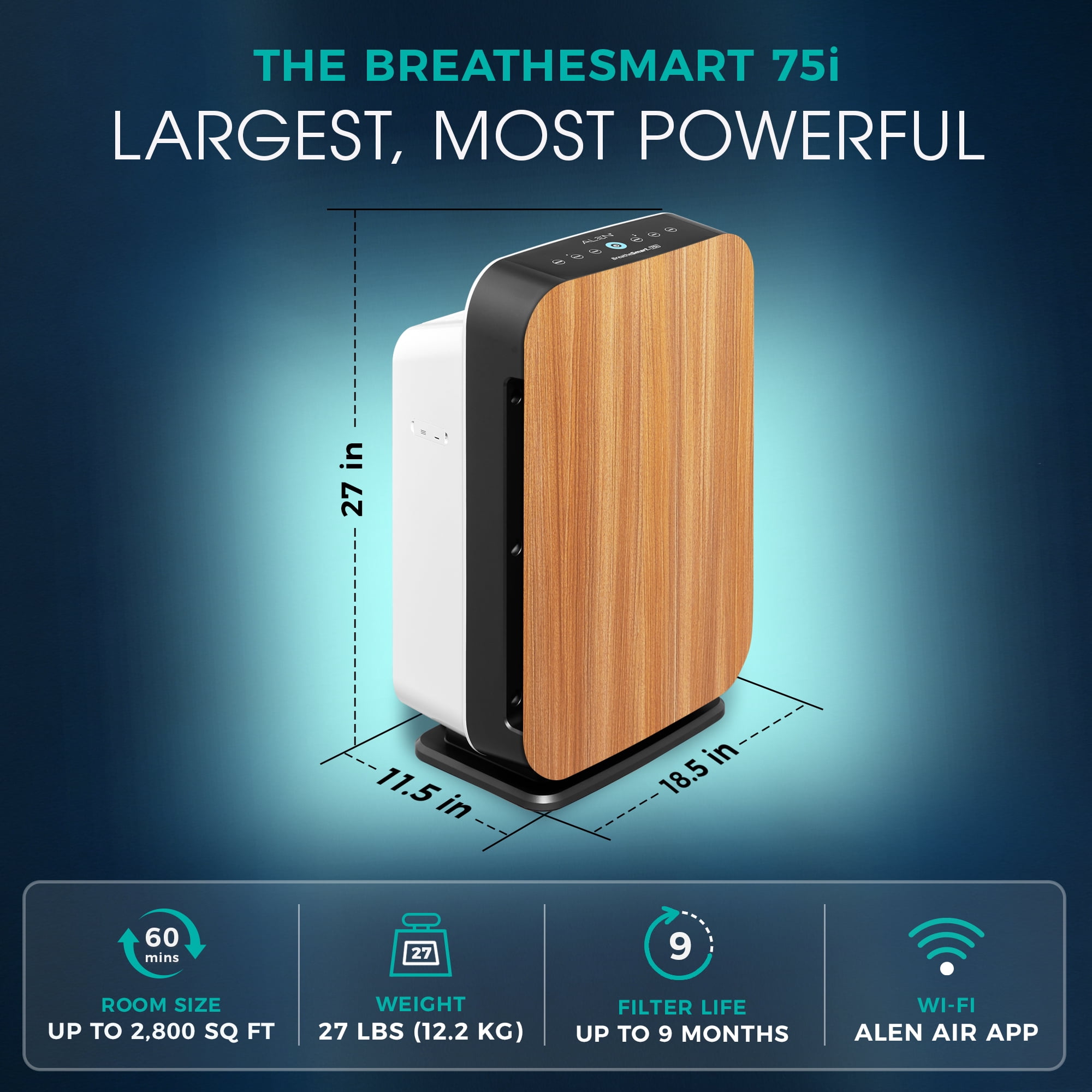 Alen Air Purifier BreatheSmart 75i HEPA w/ Essential (Pure) Filter for Large Rooms up to 2600 Sq. Ft. - Perfect for Living Room & Kitchen - Captures Allergens, Dust, & Mold - Oak