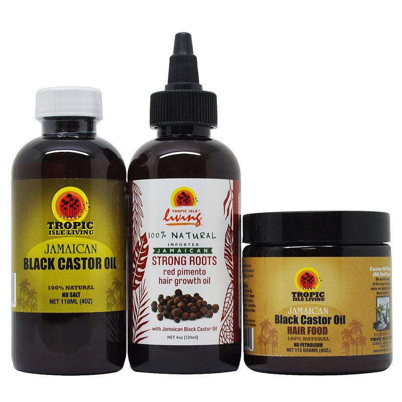 Tropic Isle Living Jamaican Black Castor Oil + Strong Root + Hair Food 4 Oz  Set 