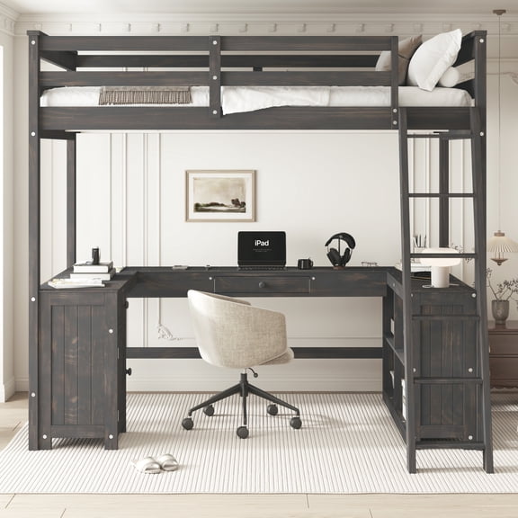 MODERNLUXE Full Size Loft Bed with Desk and Shelves, Antique Brown