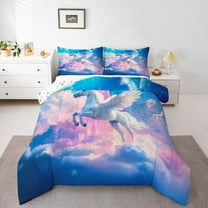 Homewish Fairy Tale Castle Queen Comforter Set,Cartoon Animal Unicorn Bedding Sets,Pink White Blue Bedding Comforter Set For Princess,Microfiber Bedroom Decor Reversible,3 Pieces