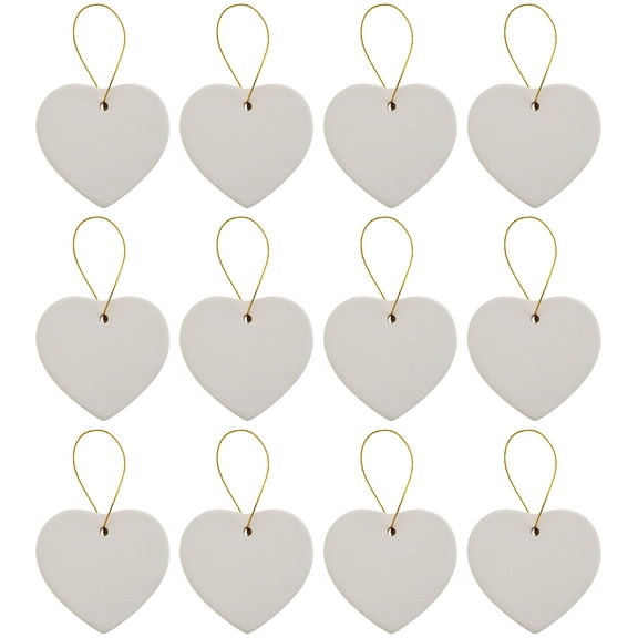 Ready to Paint DIY Ceramic Bisque Heart Ornaments with Hanger for Christmas Tree and Holiday Decoration | 12 Pack