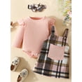 thumbnail image 2 of Suealasg Baby Girl Fall Skirt Outfits Long Sleeve Romper +Plaid Overall Dress +Headband Set 3M 6M 9M 12M 18M Toddler Girl 3 Piece Autumn Party Clothes, 2 of 9
