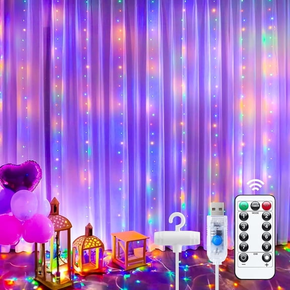 Curtain Lights, 300 LED Dimmable Fairy Lights with Remote and Timer, 8 Modes, USB Powered String Lights for Room Wall Party Xmas Indoor Decor, Warm White