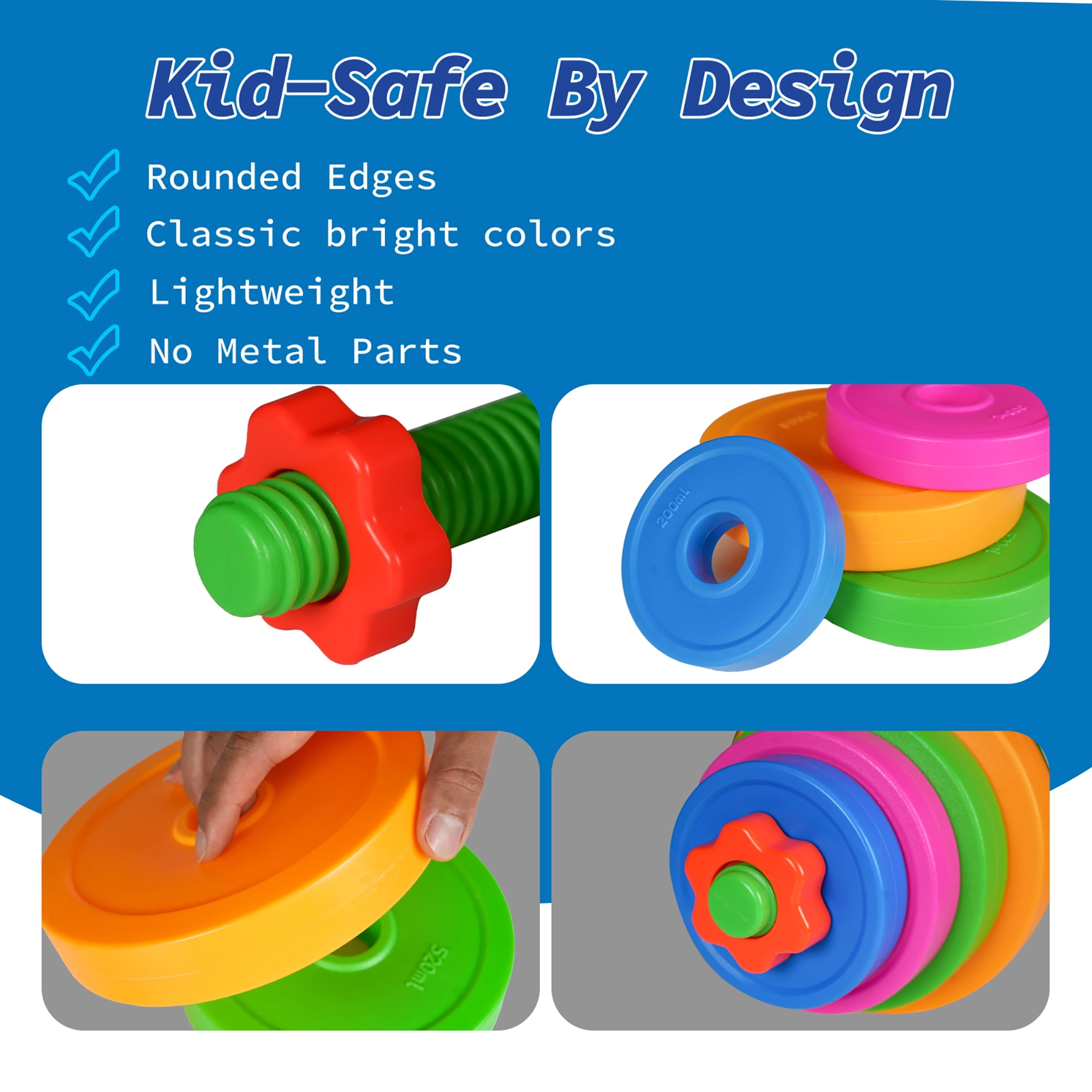 Easy Playhouse: Kids Weight Set - Barbell & Kettlebell - Colorful Toy Workout Fitness Equipment, Water-Sand Fillable Plates, Safe Plastic Gym Playset