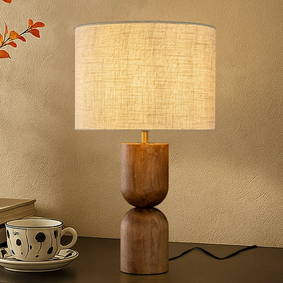 24'' Japandi Honey Brown Wood Base Bedside Table Lamp – Modern Classic Nightstand Lamp with Beige Linen Fabric Shade for Bedroom, Living Room