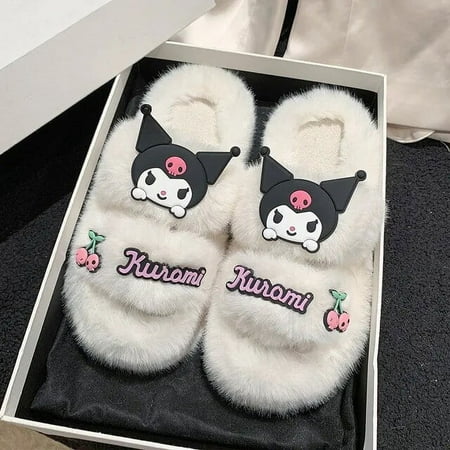 

Sanrio Hello Kitty outer wear plush slippers for women autumn and winter fashion girly style flat slippers cartoon women‘s shoes