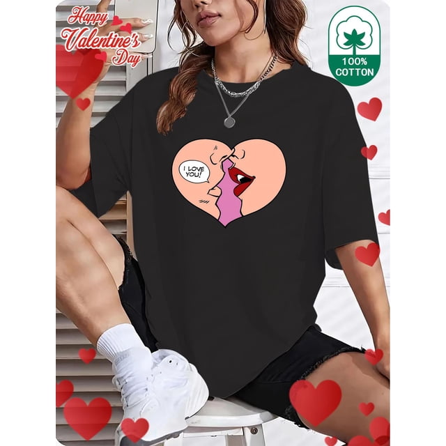 Camiseta "Feliz Día de San Valentín" 100 % algodón para mujer. Cuello redondo informal, manga corta, con una linda pareja de dibujos animados. Ideal para adultos, hombres, mujeres, adolescentes, jóven