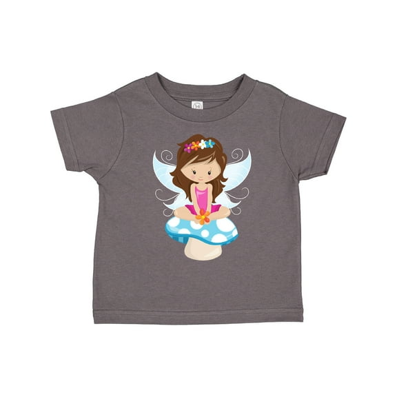 Inktastic Cute Fairy, Brown Hair, Fairy Sitting On Mushroom Girls Toddler T-Shirt