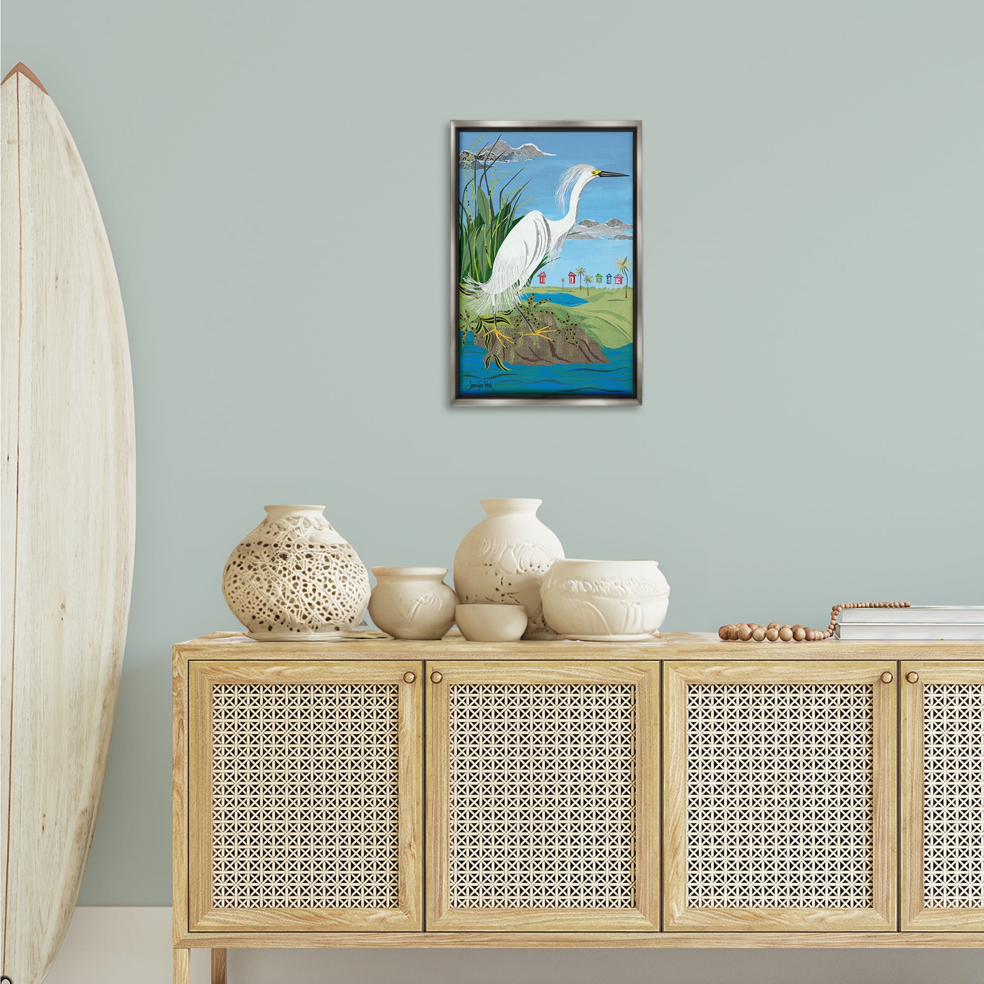 Stupell Industries Egret Perched on Shore Animals & Insects Painting Gray Floater Framed Canvas Art Print Wall Art, 17 x 25