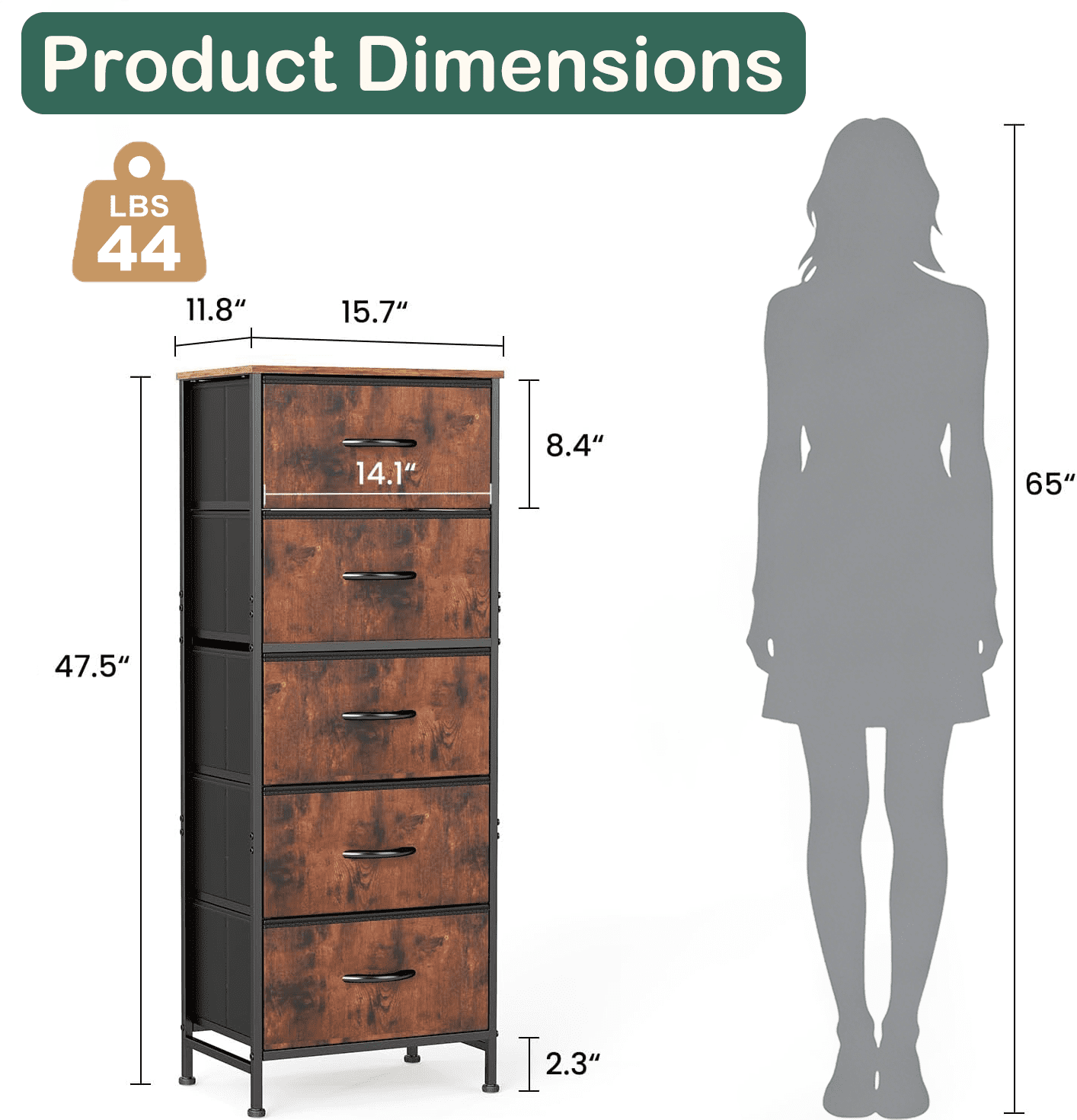 Aidoly 5-Tier Fabric Drawer Storage Organizer with Solid Surface Top - Multi-Functional Bedside & Room Organizer, Brown